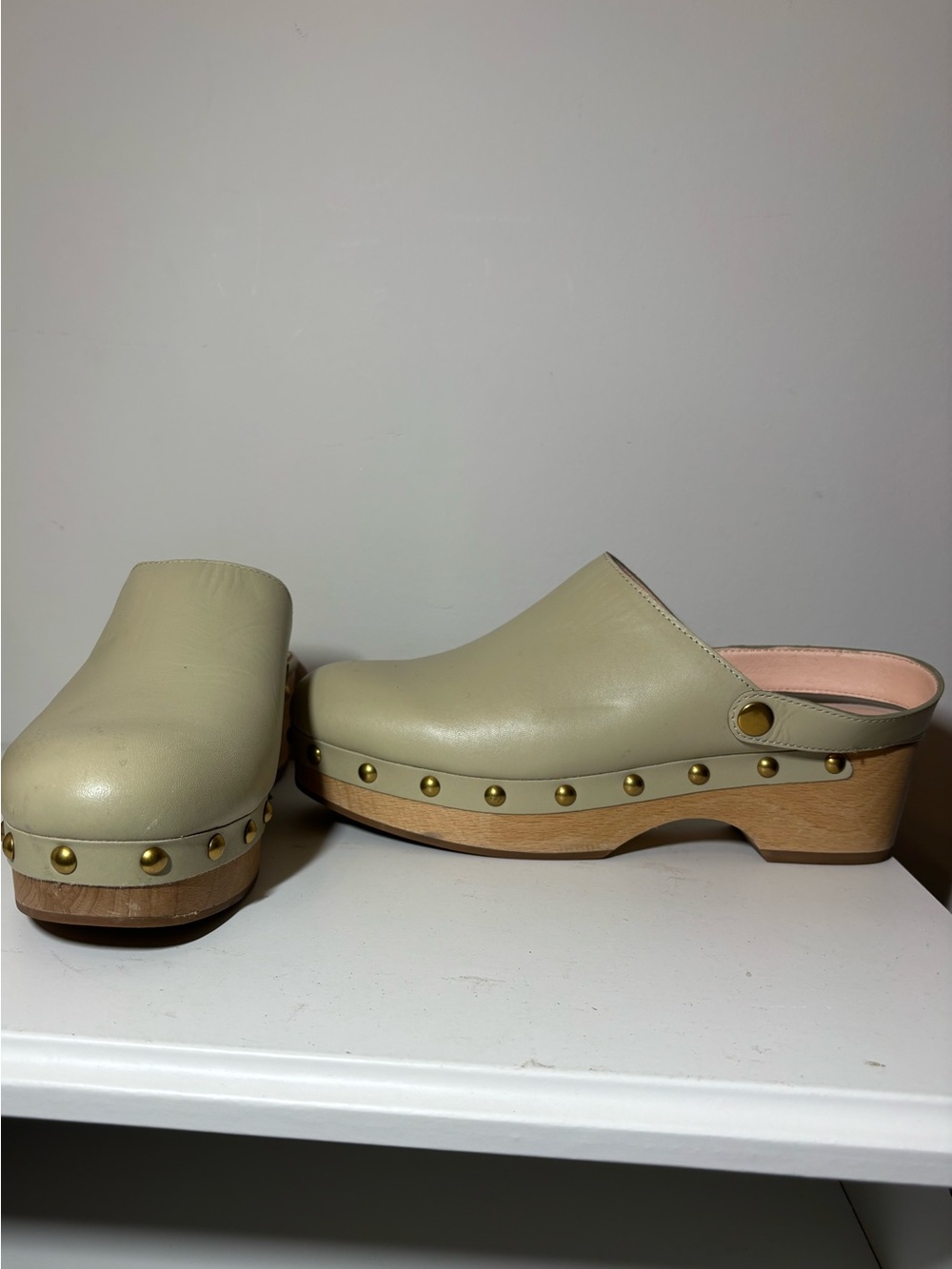 Leather Studded Clog Mules in Light Olive - Women Shoes